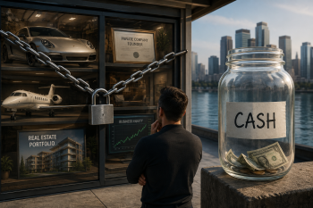 a lock around money and a cash jar and man looking at it; You’re Not Broke, You’re Just Illiquid