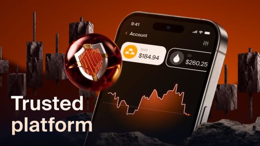 Image showing IQ Option app with the words "Trusted Platform" in foreground; traders practical guide