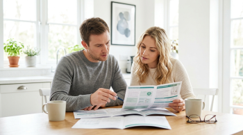 man and women going over options for home loan insurance;