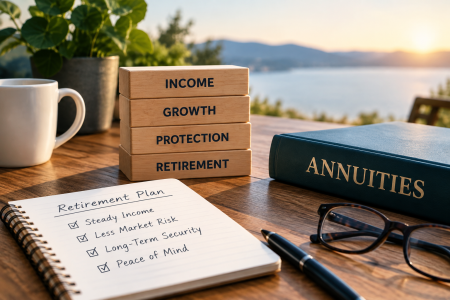 a stack of wood blocks with retirement options and a list and a book saying annuities