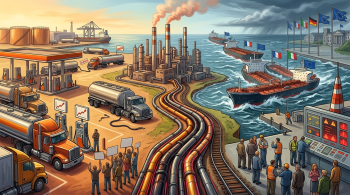 graphic of a refinery and shipping dock;