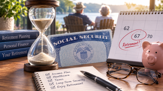 social security card, notebook, retired couple in foreground;
