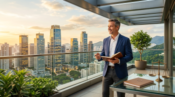 investor looking out over his portfolio over the NY landscape;
