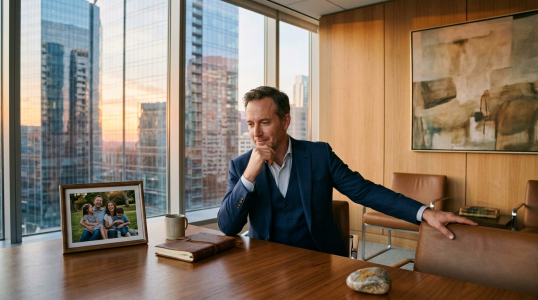 man sitting at his desk thinking about his success;