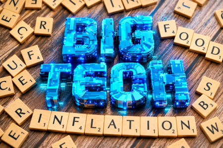 massive blue letters saying big tech and little wooden blocks saying inflation