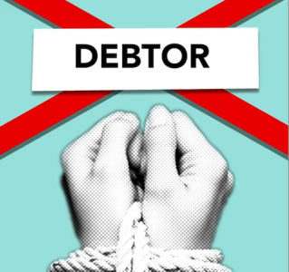 graphic showing a person's hands tied as a debtor;