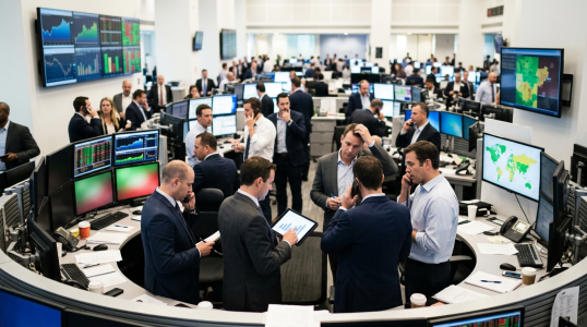 guys in the wall street trading pit getting ready for the days trading