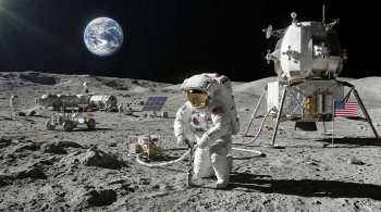 graphic showing a person walking on the moon