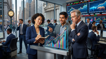 wall street group talking together about earnings forcasts