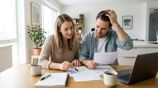 couple working on their budget including their new mortgage payments