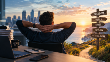 a man looking out at a sunset with his computer set up on his desk