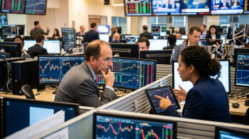 man at a counter in the bank asking for a loan or getting advice on what to invest in